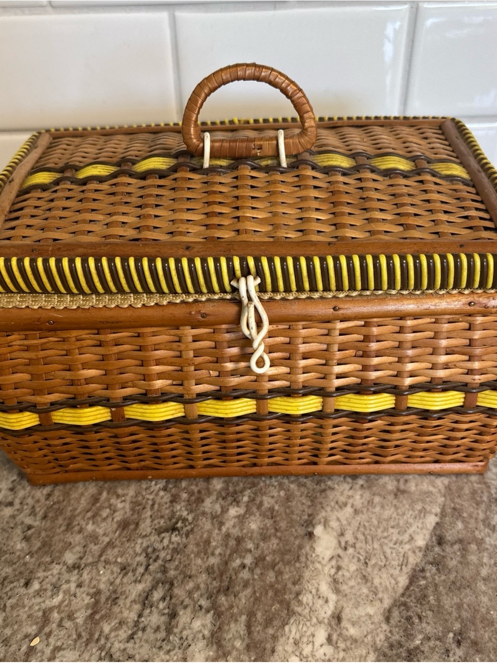 Vintage Real Wicker Sewing Basket  Yellow Satin Padded Box W/ Sewing Supplies!